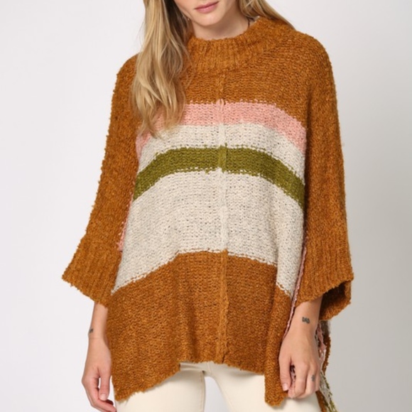 Last 1! NWT Boho fringe striped poncho Sweater - Picture 2 of 9